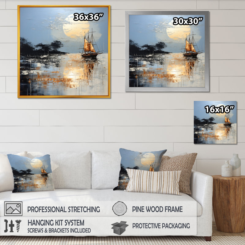 Minimalisme, paysage de pirate bleu et blanc I sur toile, H 16 po x l 16 po x P 1 po, Encadrement doré