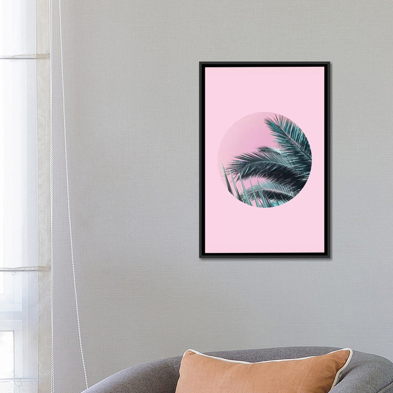 « palms on rose », impression sur toile, H 26 po x l 18 po x P 1,5 po, Toile avec cadre noir, Pas de tapis