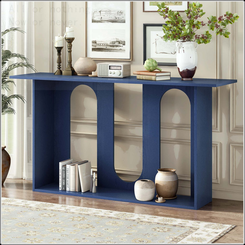 Curved Ash Veneer Console Table with Lower Shelf, Navy Blue