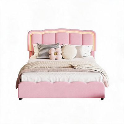 Full Size Bed Frame with 2 Storage Drawers and LED Lights, Upholstered Platform Full Bed with Adjustable Headboard, Wooden Slats Support, No Box Spring Needed, Easy Assembly, Pink