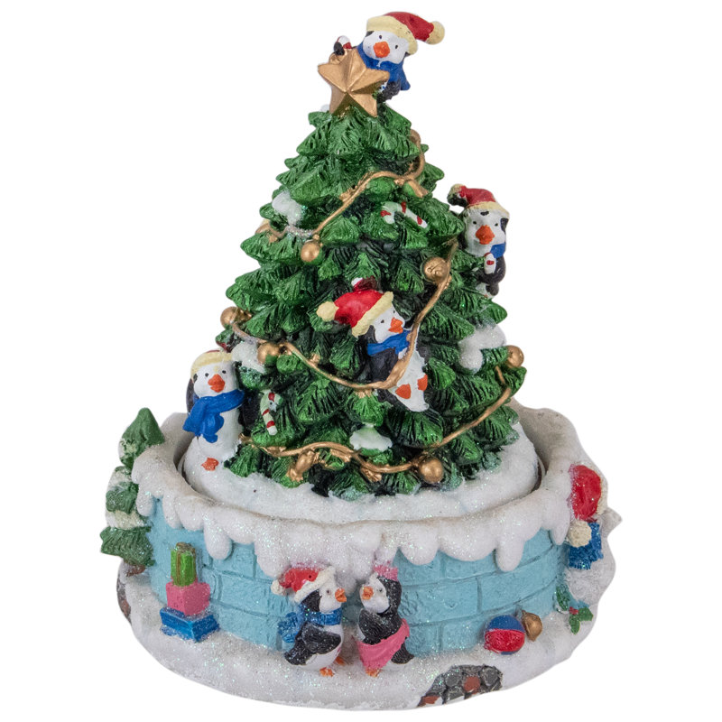 Boîte à musique 6,5 "avec pingouins et arbre de Noël
