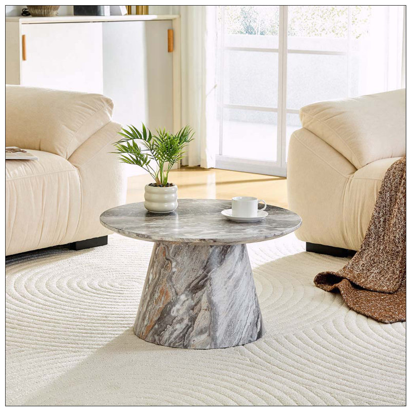 Table basse ronde avec placage texturé gris (P 23,6 po x H 13,7 po), Gray, Marble