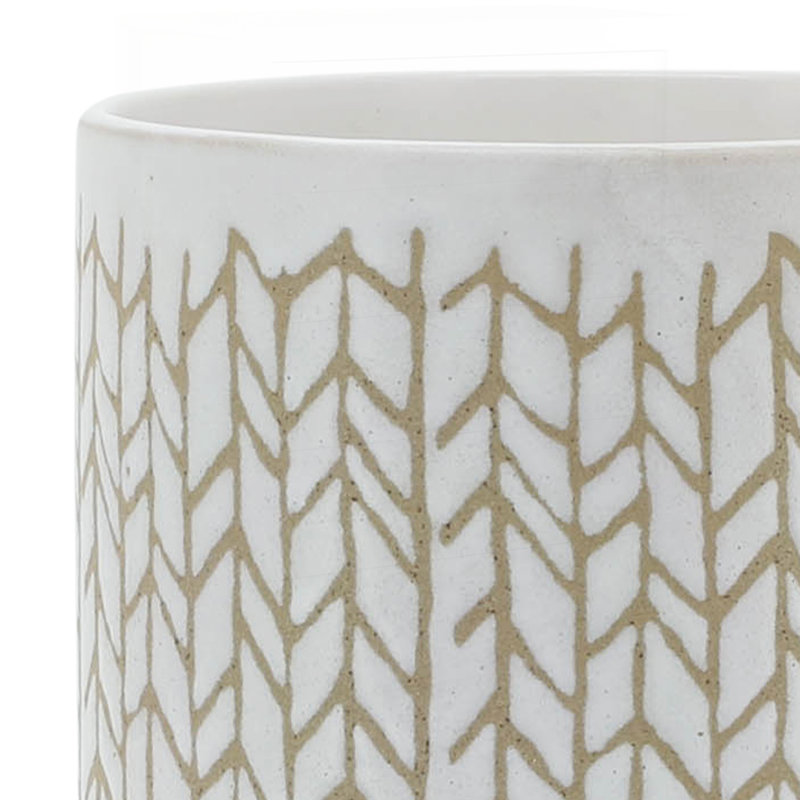 8" CHEVRON PLANTER W/ WOOD STAND, BEIGE