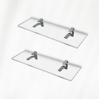 Tablettes transparentes transparentes murales transparentes de 14,5 pouces, 3/4 po d'épaisseur, transparentes, pour la chambre à coucher, le salon, la salle de bain, la cuisine - avec vis et supports chromés, paquet de 2