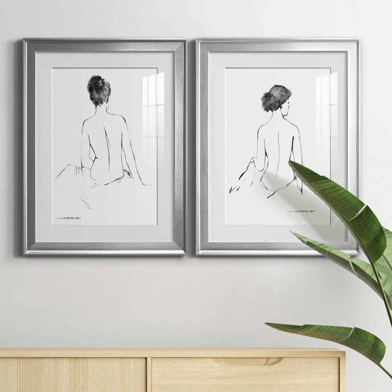 «Sketchy Silhouette I», ensemble de 2 reproductions d'art, H 22,5 po x l 61 po x P 1,5 po, Papier avec cadre argenté, Blanc