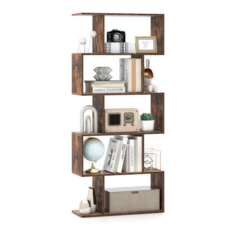 62.5'' H X 27.5'' W 5-Tier Geometric Bookcase, 62.5'' H X 27.5'' W X 9.5'' D, Rustic Brown