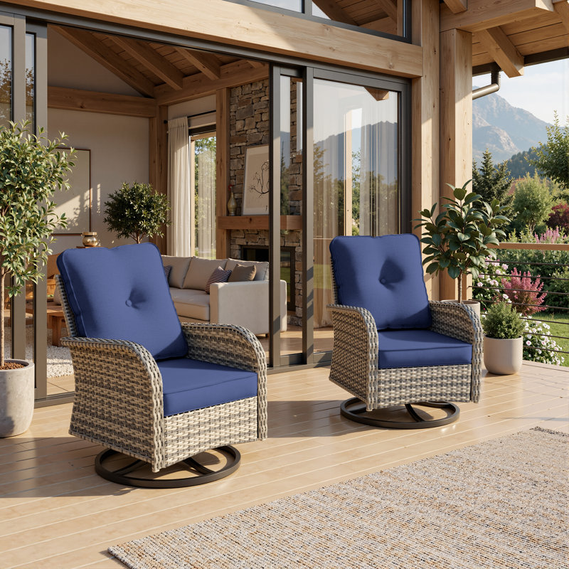  All-Weather Rattan Rocking Swivel Patio Chairs With Cushions, Navy Blue