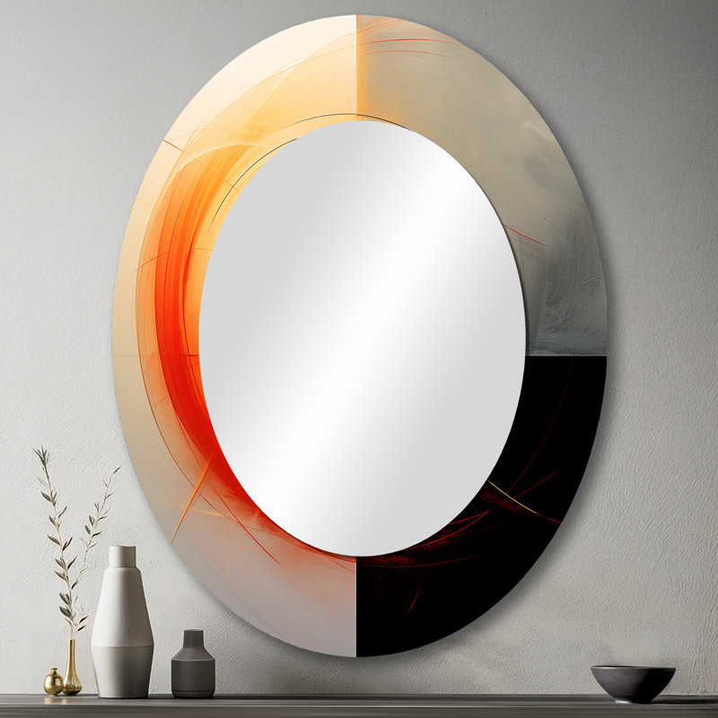 Red Moon Rising Abstract Landscape - Abstract Oval Decorative Mirror On Metal, 43" x 33"