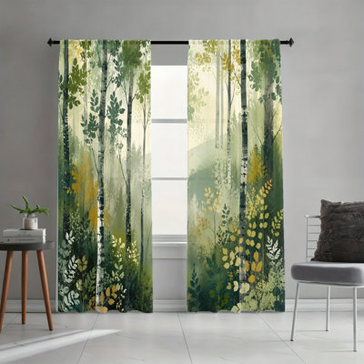 2 Panels Light Filtering Curtains, Birch Tree Lush Green Foliage Serene Forest Landscape Art Print Decor, Easy Hang Rod Pocket Design, All Season Window Drapes for Living Room Bedroom Dormitory Decoration