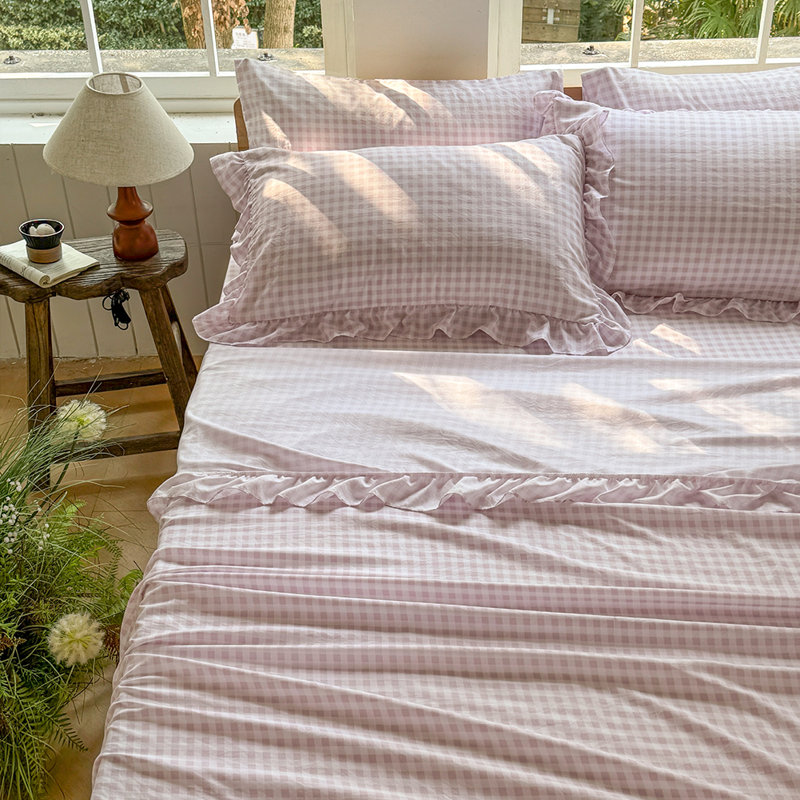 Ensemble de draps Gingham Ruffle, Vichy rose, Grand lit