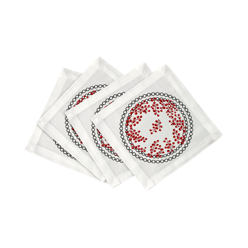 Christmas Berries Cotton Sateen Cocktail Napkins, Red White