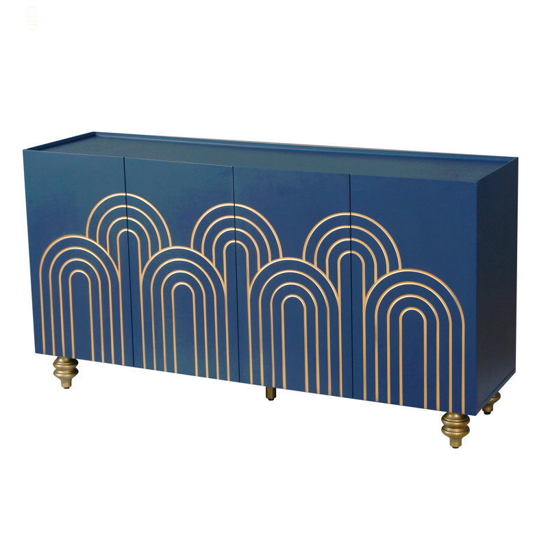 Buffet moderne cannelé avec rangement, élément courbe avec lignes strictes, armoire de rangement à 4 portes avec tablettes réglables pour la cuisine, la salle à manger et le salon