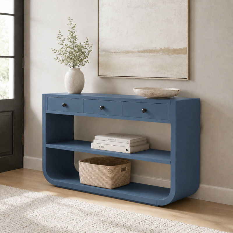 Console Velmori 55 po avec 3 tiroirs à fermeture en douceur et tablettes ouvertes, Blue