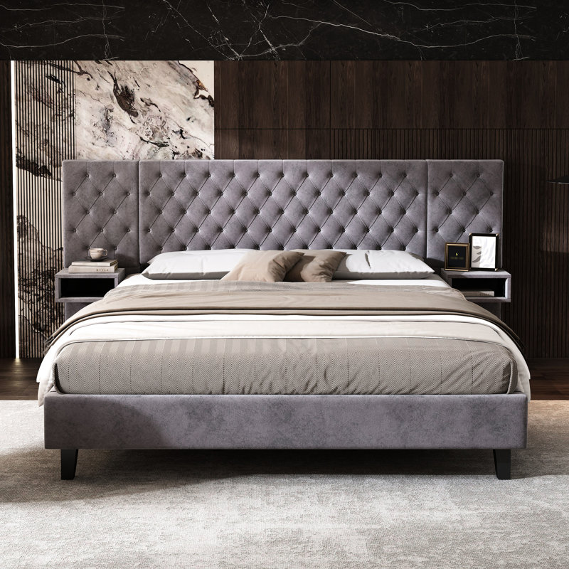 Lit moderne très grand avec tête de lit - Revêtement en velours gris, 2 tables de chevet, diamant, sans sommier, fabrication en bois, revêtement de qualité pour chambre à coucher à assemblage rapide, structure, pièce
