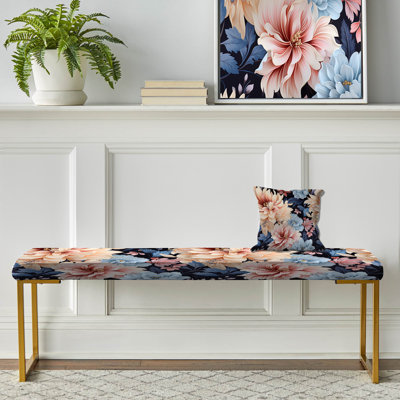 Délices de pivoines roses et bleus - Banc rembourré doré à motif floral