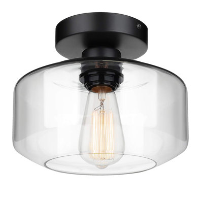 Industrial Semi Flush Mount Ceiling Light, Clear Glass Pendant Lamp Shade, Farmhouse Lighting For Hallway, Vintage Hanging Light Fixtures