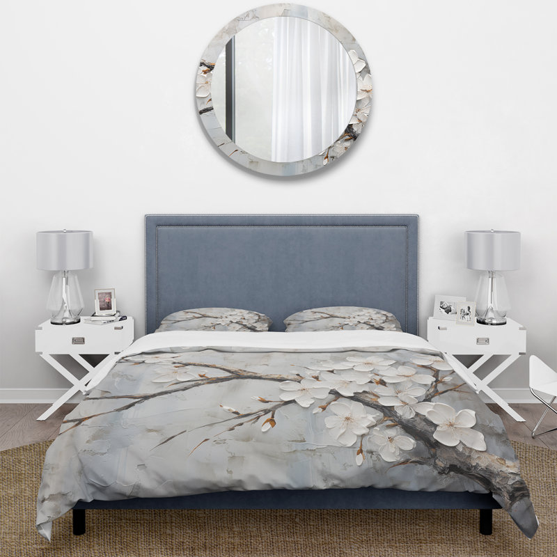 Minimalisme blanc et gris Cherry Blossom - Ensemble de housse de couette Cherry Blossom
