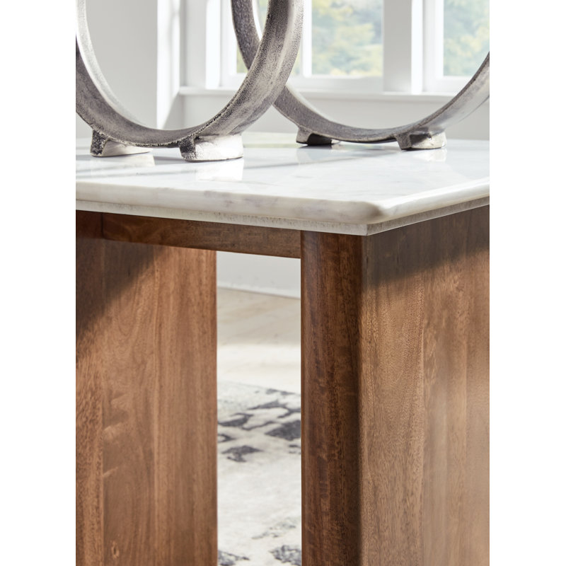 Light Brown and White Mango Wood End Table with Marble Top
