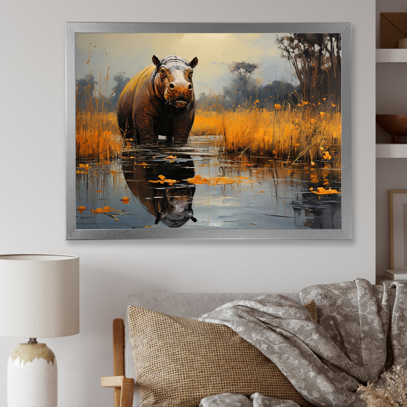 Hippopotame, roi de la savane 4 - art mural hippopotame, Cadre de coin argenté fermé, H 24 po x l 32 po x P 1 po