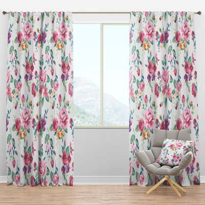 Pink , Purple and Yellow Flowrs - Floral Curtain - Velvet Room darkening - 1 panel
