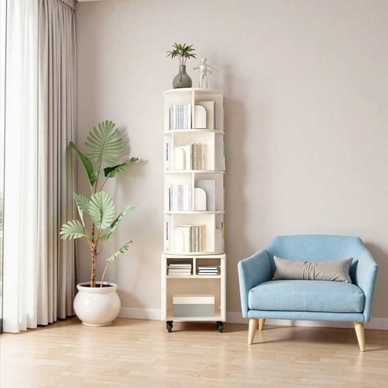 5-Tier Rotating Bookshelf with Storage Drawer, White