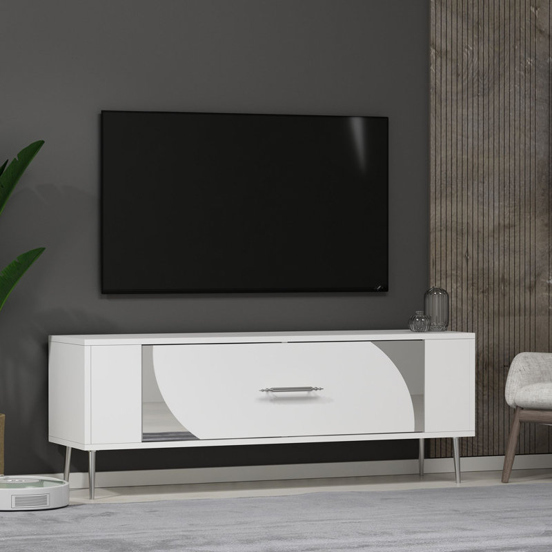 Meuble télé Catena, blanc et argent, 47,2 po x 19,0 po x 10,4 po Catena | Panneau de particules 100% enduit de mélamine | Fixable au mur, comprend une tablette de 34,1 pouces, parfait pour les centres de divertissement, design élégant et fonctionnel