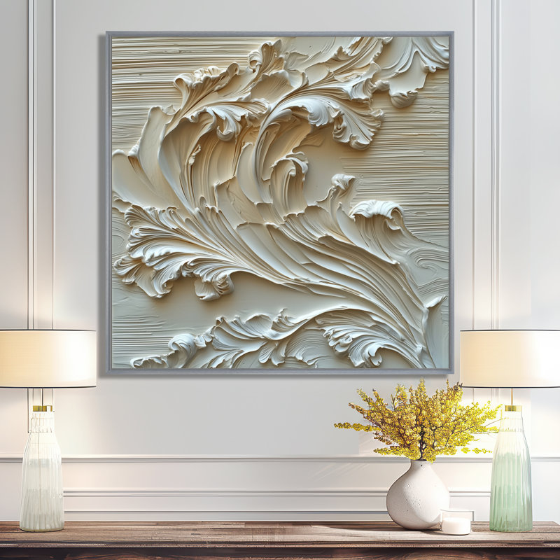 Ommy, lumière ascendante des vagues de la crème, art mural abstrait moderne et transitionnel, Impression encadrée flottante