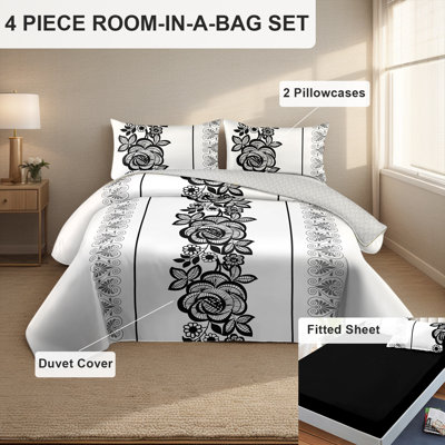 4-Piece Black and White Floral Duvet Cover Set with Fitted Sheet, Modern Boho Lace Pattern Bedding, Soft Microfiber Comforter Cover, Pet Friendly & Wrinkle Free