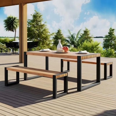 3-pieces Outdoor Dining Table With 2 Benches, Patio Dining Set With Unique Top Texture, Acacia Wood Top & Steel Frame, All Weather Use, For Outdoor & Indoor