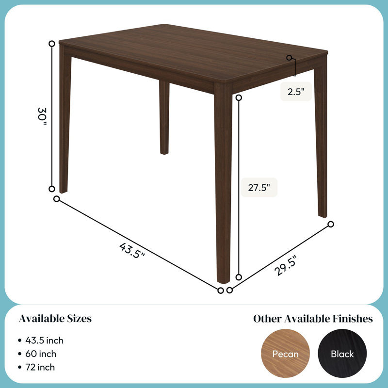 Crew 44" Rectangle Dining Table For Small Spaces, Seats 4, Walnut, 30"H x 43.5"L x 29.5"W