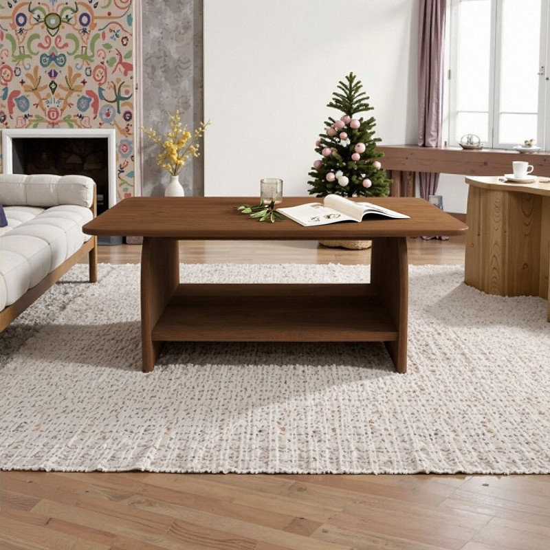 47 Inch Modern Rectangular Coffee Table with Double-Tier Storage Rounded Corners & MDF Base, Walnut Wood