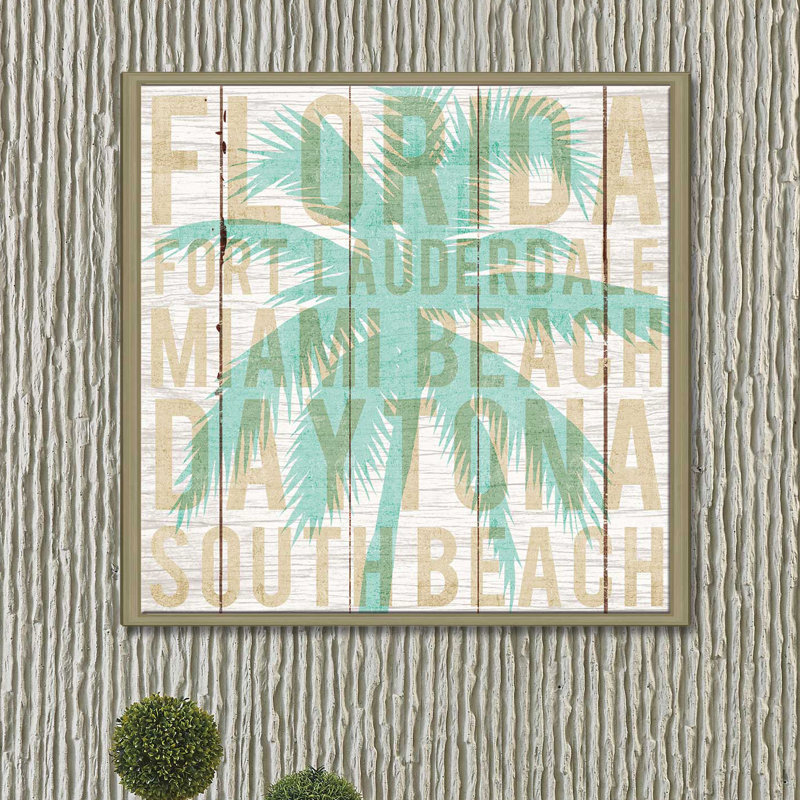 «Bon Voyage Florida Palm», art textuel, H 21,5 po x l 21,5 po x P 2 po, Cadre flottant champagne