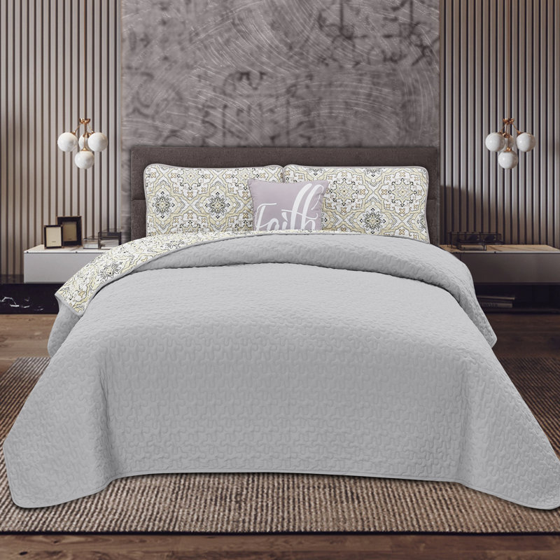 Ensemble de courtepointe réversible en microfibre 4 pièces Gryson, Taupe, Courtepointe pour lit simple et 2 taies décorativ