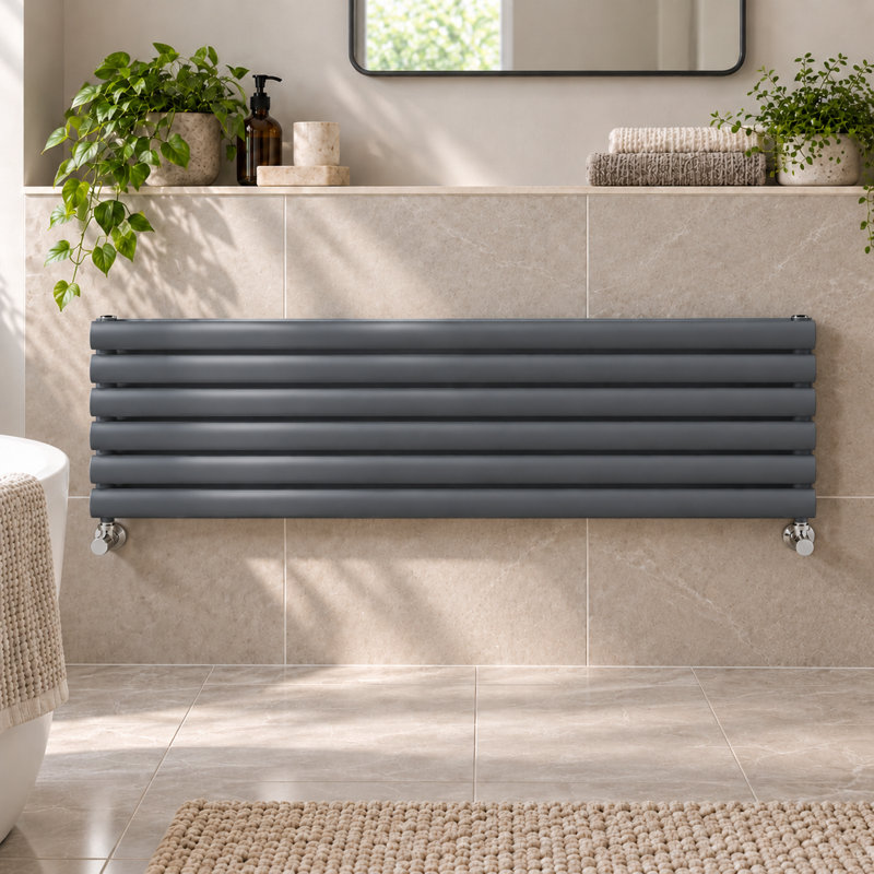  Horizontal Oval Panel Radiators, 1500mm W x 350mm H, Grey