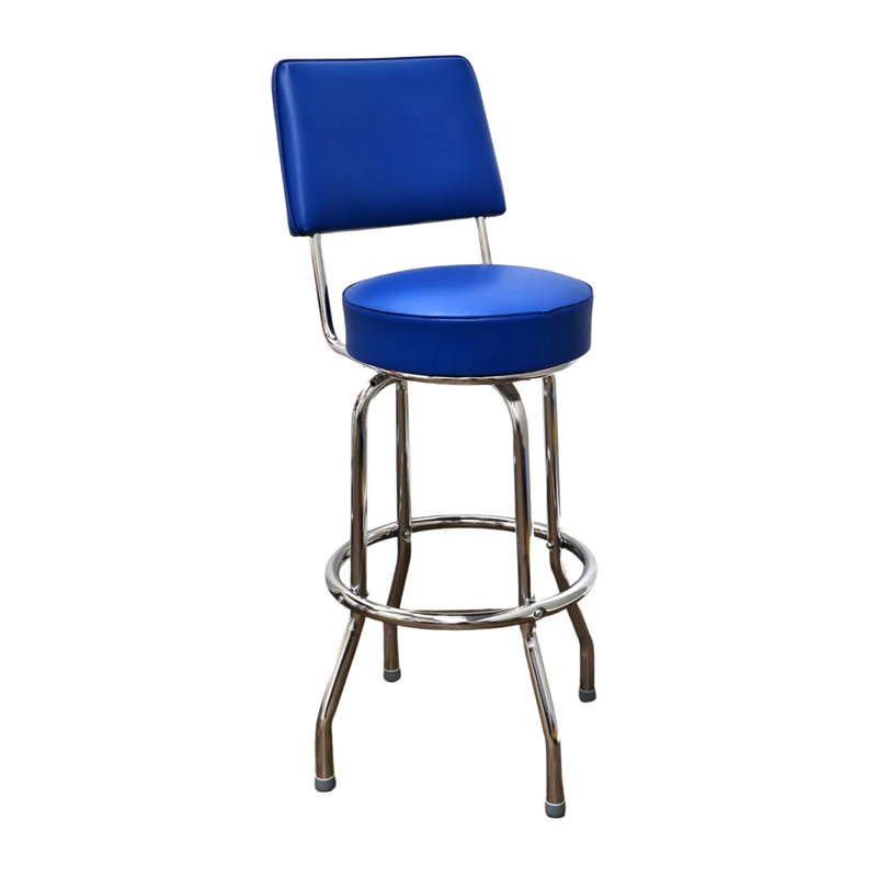 Retro Blue Upholstered Swivel Bar Stool with Metal Frame