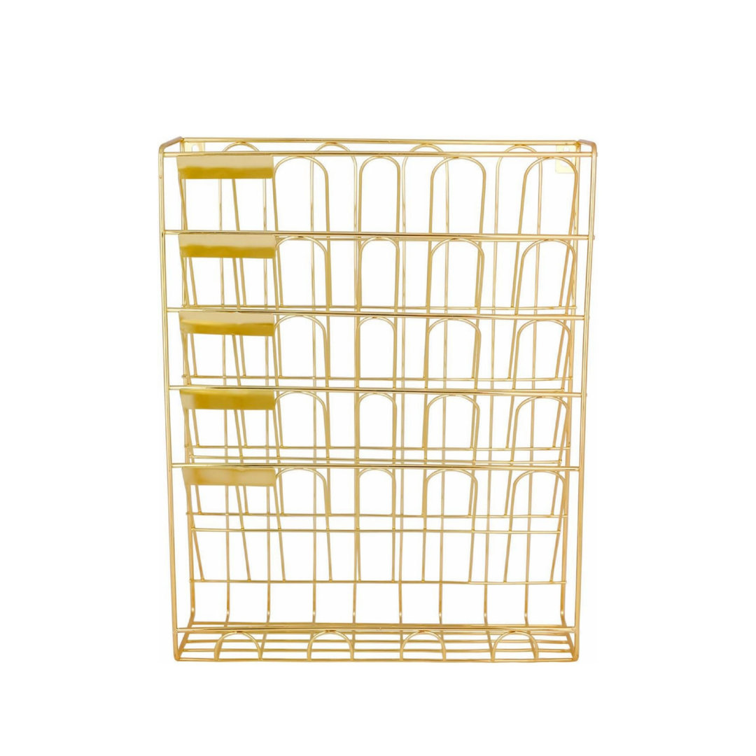 6 Tier A4 Metal Wire In Tray Hanging Wall File Holder, Mail Organiser & Magazine Storage Rack, Gold