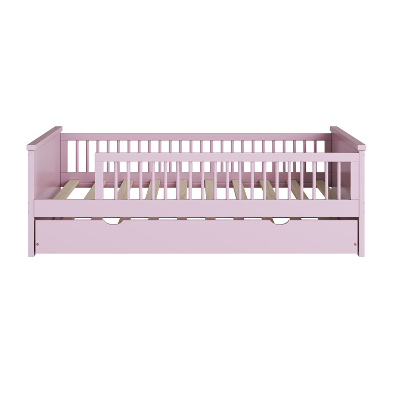 Lit plateforme en bois avec garde-corps et lit gigogne, Rose