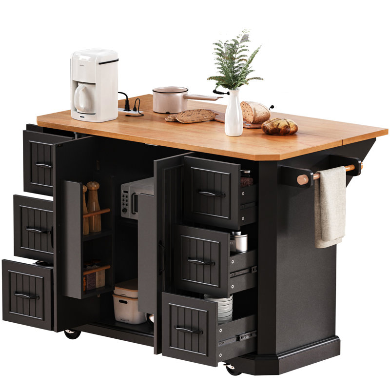 56-Inch Kitchen Island With Rubberwood Veneer Folding Panel, Electrical Outlet, 4 Door Shelves, Embossed Vertical Stripe Rolling Kitchen Cart