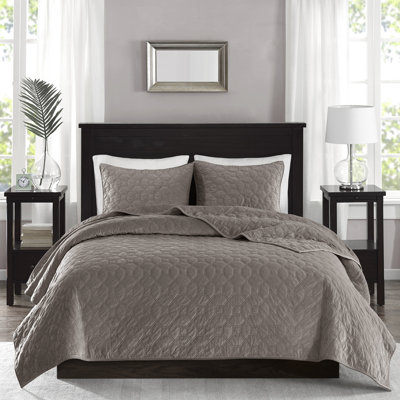Taupe Velvet Quilt 3 Pieces King/ King - Geometric Quilting, Cotton Filled, Soft