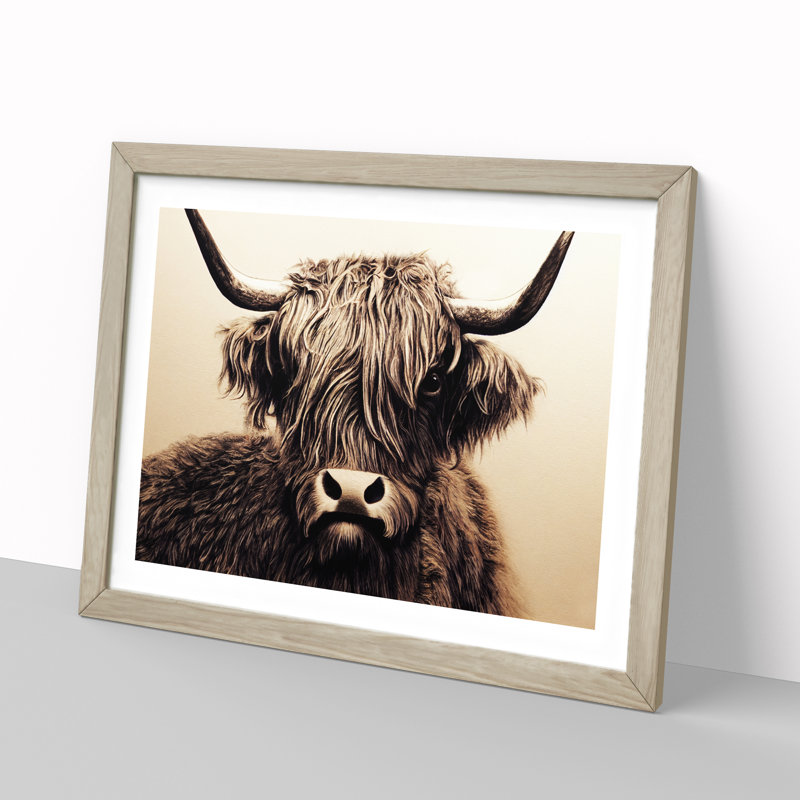 Highland Cow View Vol.3 - Single Picture Frame Print, 46cm H x 64cm W x 2cm D, Oak