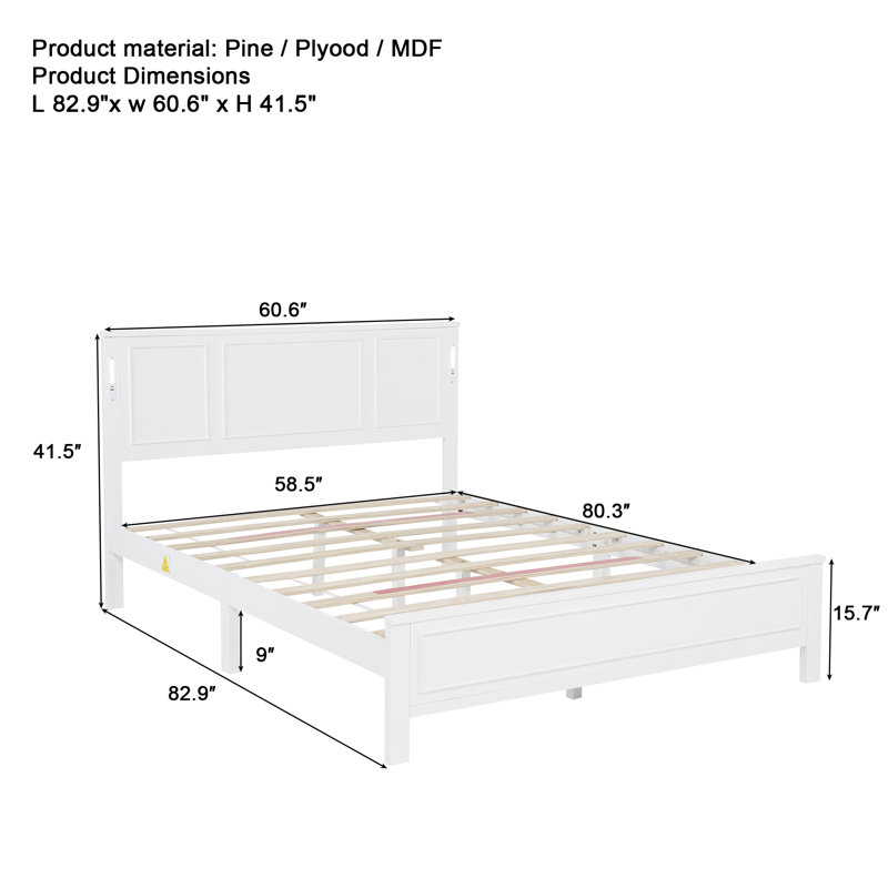 Pine Wood Platform Bed with LED Lights and USB Ports, Modern Bed frame with Headboard and Charging Station, Weight Capacity 500 lbs, No Box Spring Needed, White, Queen