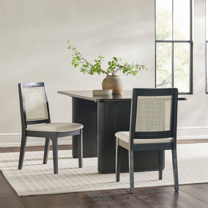 Black Solid Wood Dining Chair with Rattan Inset Back, Set of 2