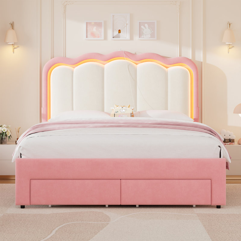 Daphne Upholstered LED Bed Frame With Drawer & Adjustable Headboard, Kids Beds, Full, Pink