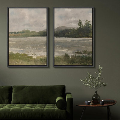 «Quiet Lakeside Morning Peaceful Nature Scene», 2 pièces sur toile