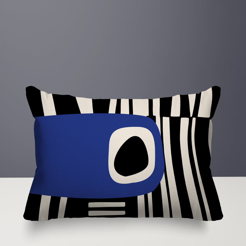 Jina Abstract Reversible Indoor/Outdoor Rectangular Pillow, 18"H x 25"W, Navy Blue/ Black/ Off-White