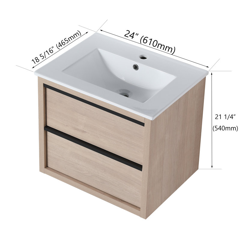 24'' Single Sink Wall Mounted Bathroom Vanity,Floating Vanity with 2 Drawers and Ceramic Basin Sink Top, White, White