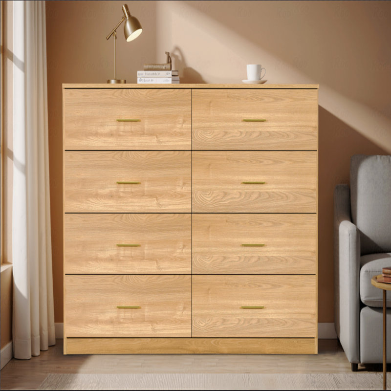 Commode 8 tiroirs en bois naturel avec poignées dorées, planche d'ingénierie imperméable