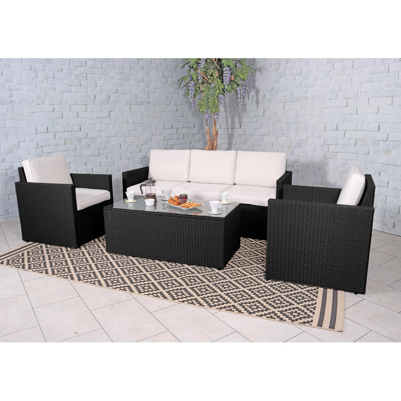 Berlin 3 Seater sofa Set Rattan 5 - Person Seating Group with Cushions, White, Black