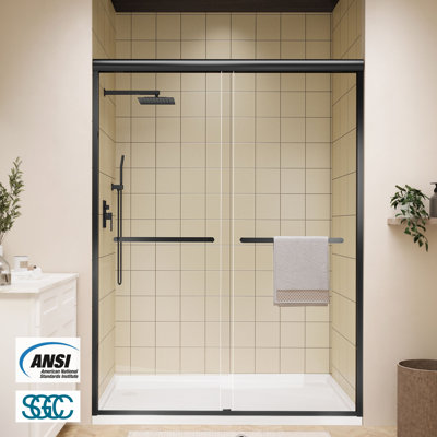Porte de douche coulissante double encadrée noir mat 50 po à 54 po x H 72 po avec poignées doubles et verre transparent