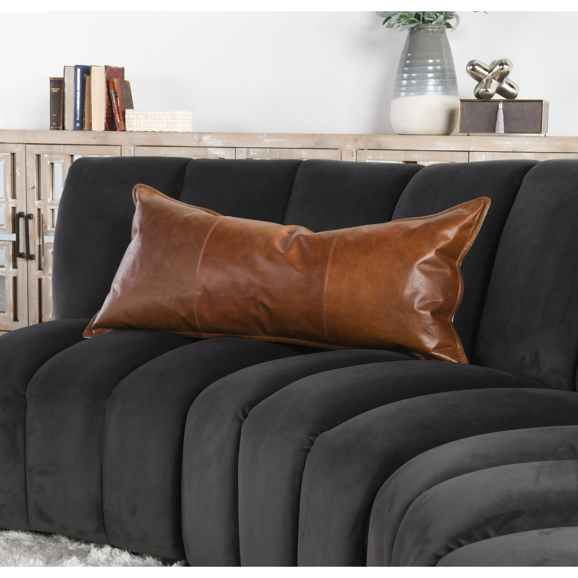 Cutler Leather Accent Pillow, Rectangular, Brown, 14" x 26"